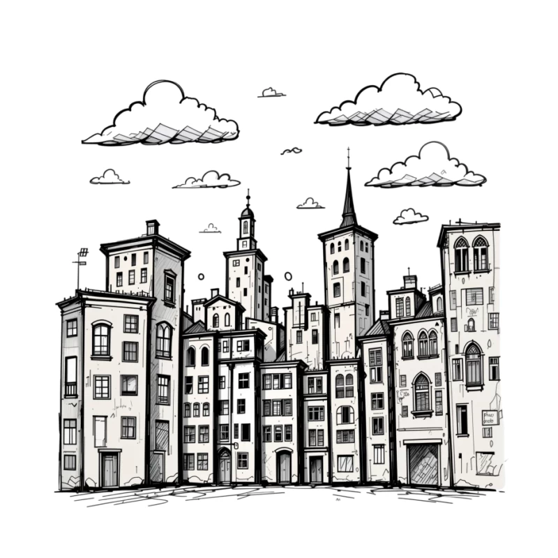 Stylized Black and White Cityscape Illustration Pin