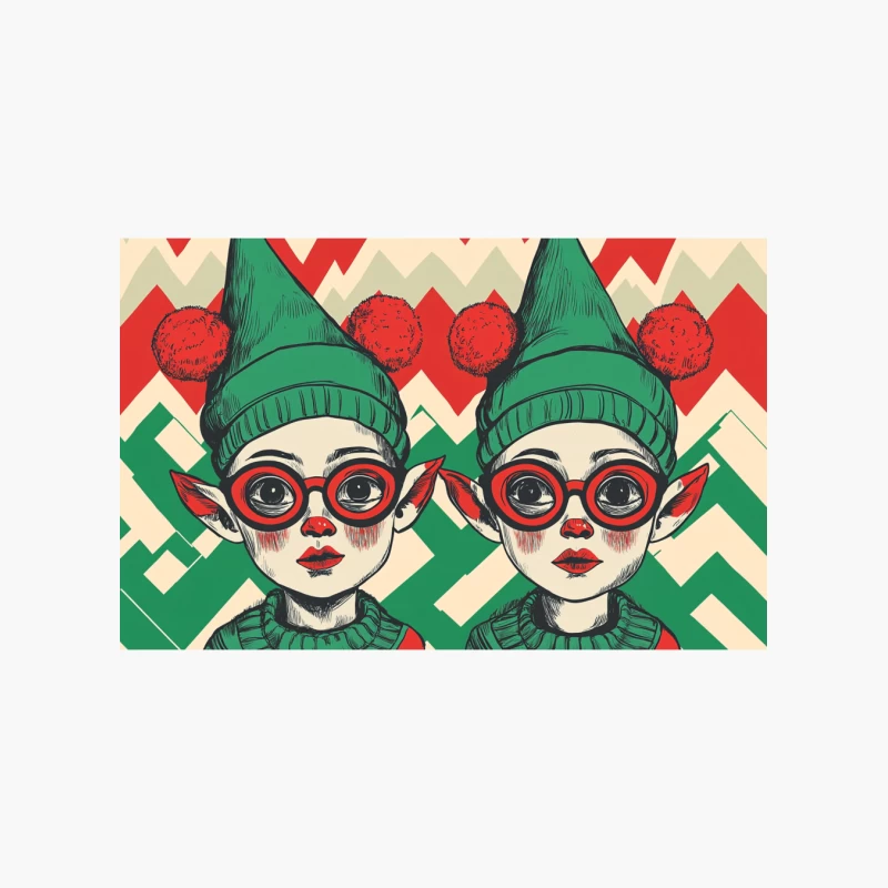 Retro-Style Christmas Elf Twins Illustration Cotton Tote Bag