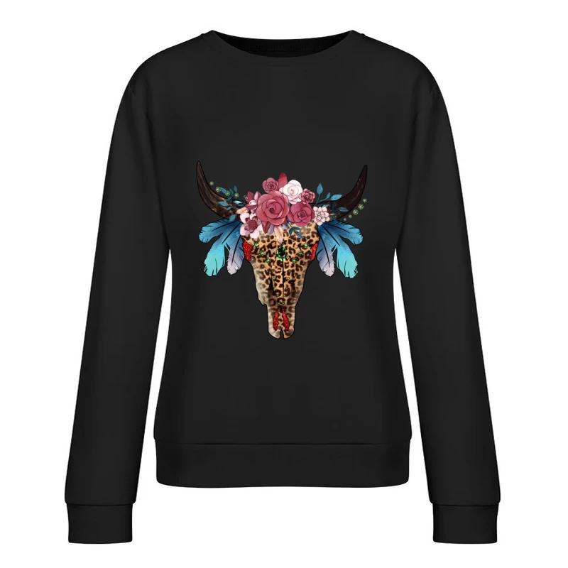 Verzierter Stierschädel mit Blumen und Federn Damen Pullover Sweatshirt
