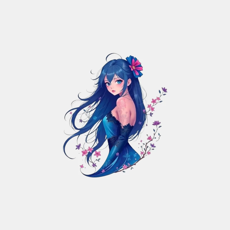 Elegant Anime Girl with Blue Hair and Floral Accents in Evening Dress Male Tank Top