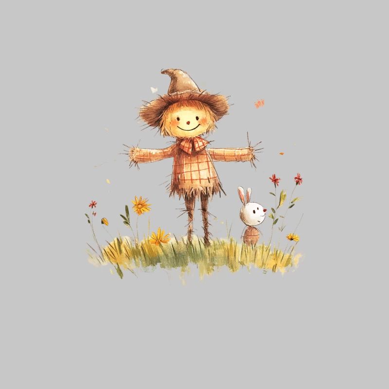 Whimsical Watercolor: Scarecrow and Rabbit in Flower Field Female Long Sleeve T-Shirt