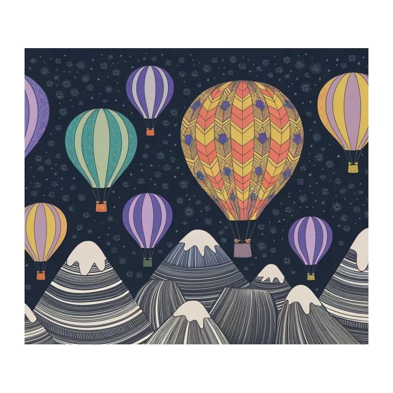 Whimsical Night Adventure: Colorful Hot Air Balloons Over Geometric Mountains Tapestry