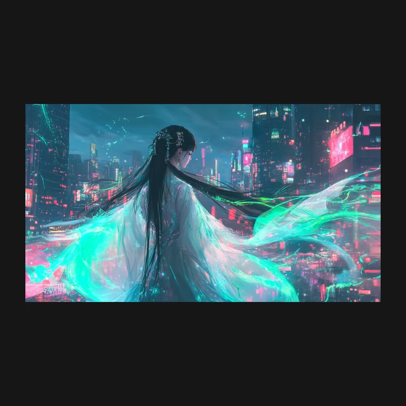 Ethereal Cyberpunk Vision: Neon-Lit Metropolis with Flowing-Haired Figure Desk Mat