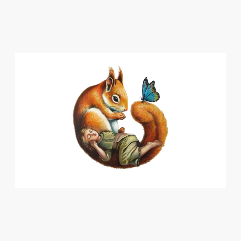 Surreal Fantasy Illustration: Squirrel Cradles Tiny Figure with Butterfly Travel Mug