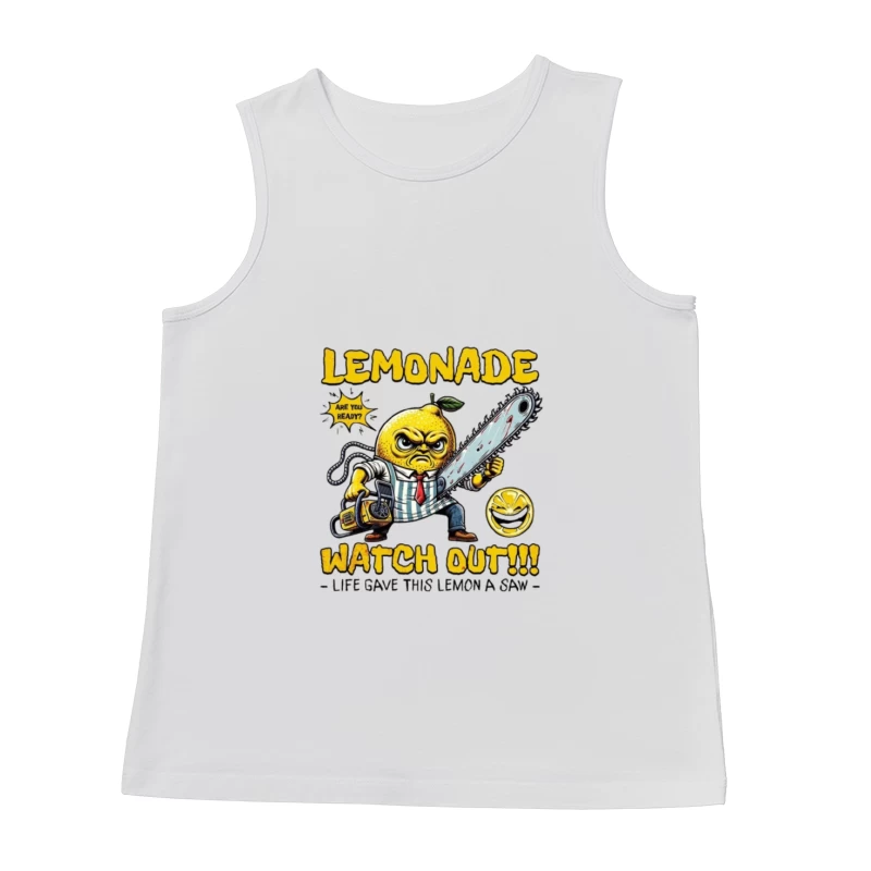 Angry Cartoon Lemon with Chainsaw: "Life Gave This Lemon a Saw" Male Tank Top