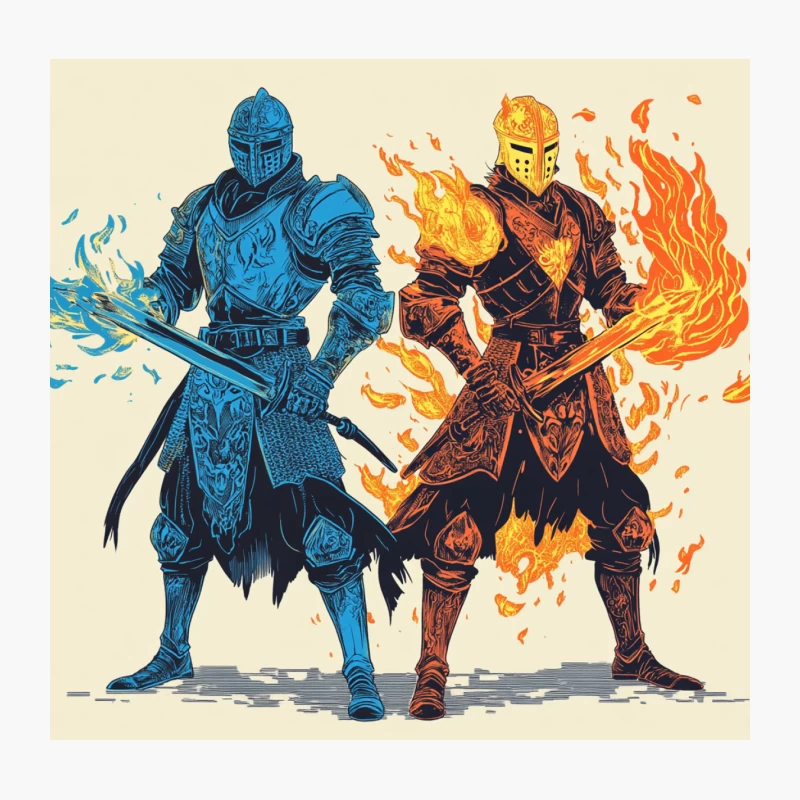 Ice and Fire: Elemental Knights in Epic Fantasy Duel Throw Pillow