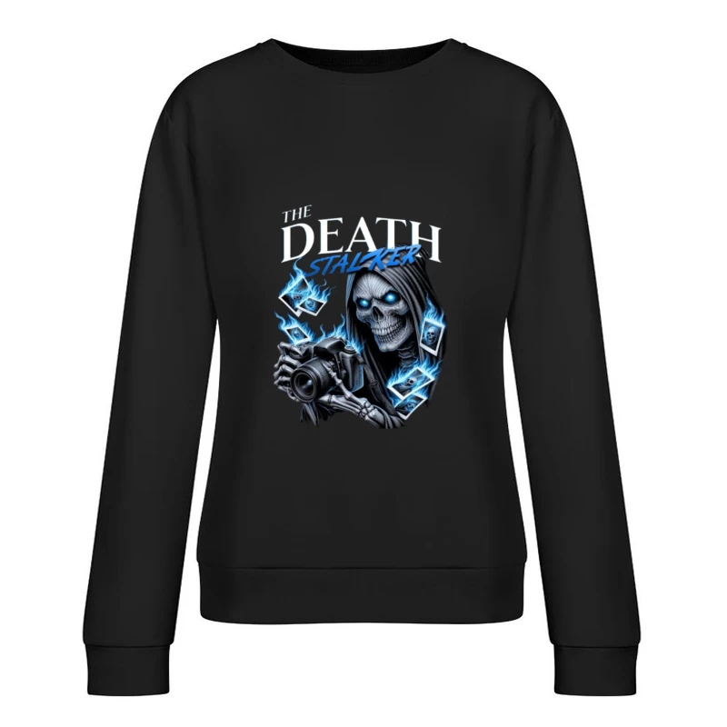 The Death Stalker: Skeletal Photographer with Blue Flames Female Pullover Sweatshirt