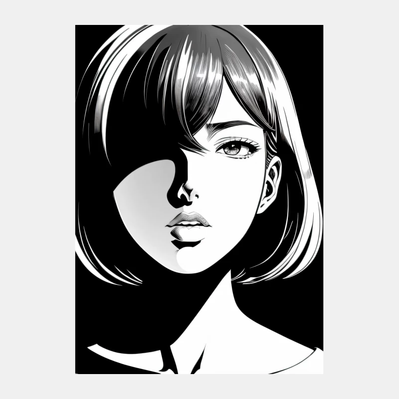 Striking Black and White Manga-Style Female Portrait Male Tank Top