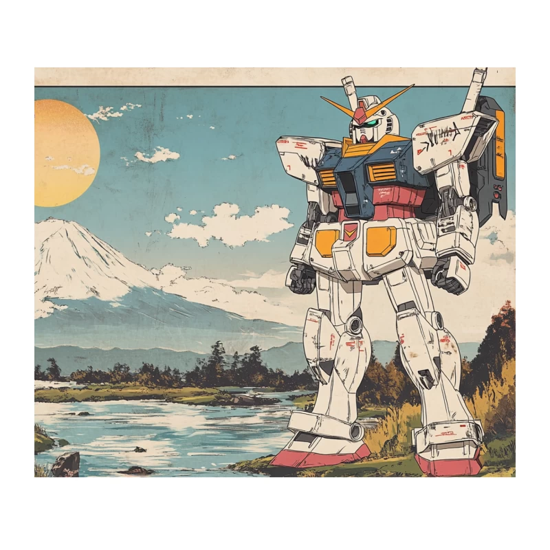 Futuristic Gundam Meets Traditional Japanese Landscape Tapestry