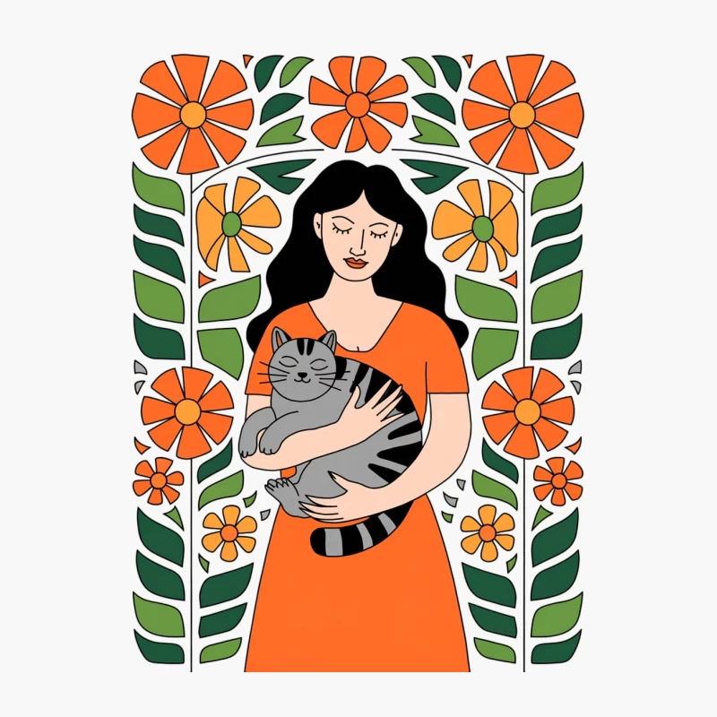 Retro Floral Illustration: Woman in Orange Holding Cat Cotton Tote Bag