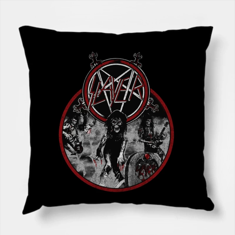 Slayer Heavy Metal Band Logo with Dark Horror-Themed Artwork Throw Pillow