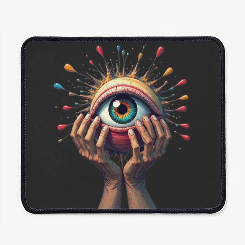 Mystical Eye Embraced by Reaching Hands with Colorful Splatter Mouse Pad