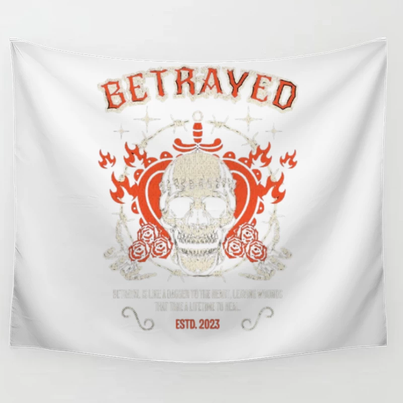 Vintage Gothic Skull with Roses and Betrayed Typography Design Tapestry