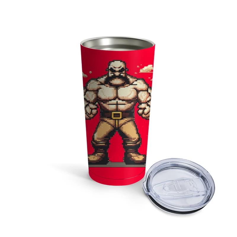 Muscular Pixel Art Fighter Character in Retro Gaming Style Travel Mug