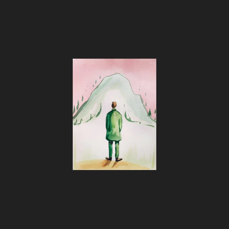 Solitary Figure Contemplating Mountain Landscape Bucket Hat