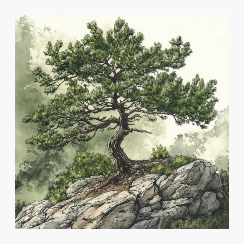 Weathered Pine on Rocky Outcrop: A Serene Watercolor Landscape Pin