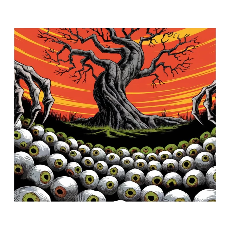Surreal Nightmare: Twisted Tree Amidst Sea of Eyes Tapestry