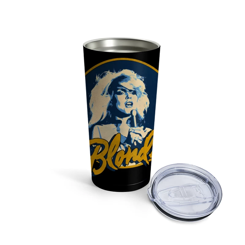 Vintage Blondie Band Logo with Blue and Gold Design Travel Mug