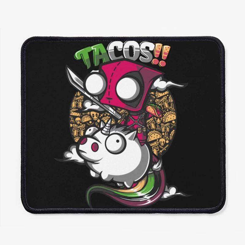 Colorful Cartoon of Tacos with a Unicorn and Knife-wielding Character Mouse Pad