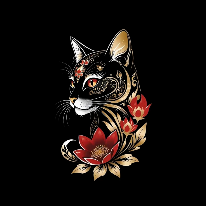 Decorative Black Cat with Flowers Throw Pillow