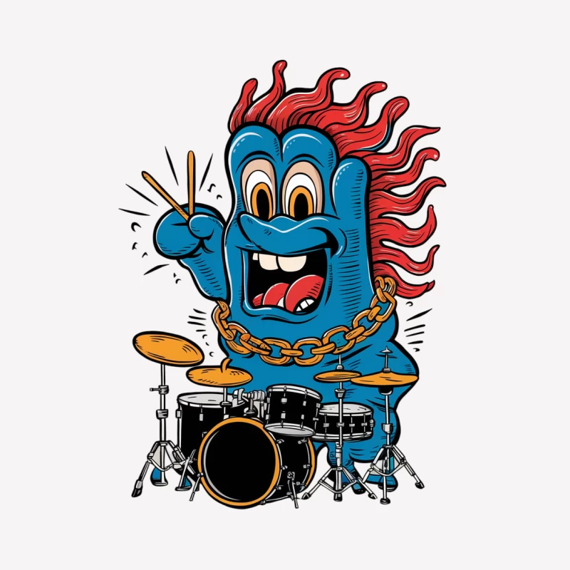 cartoon character drummer monster blue creature drum kit rock music flame hair gold chain Male T-Shirt