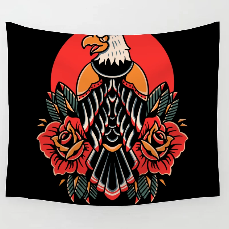 Eagle and Roses Tattoo Art Tapestry