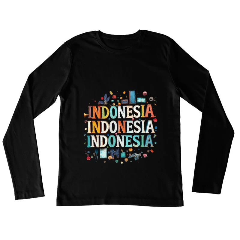 Artistic Typography Design of Indonesia with Colorful Decorative Elements Female Long Sleeve T-Shirt