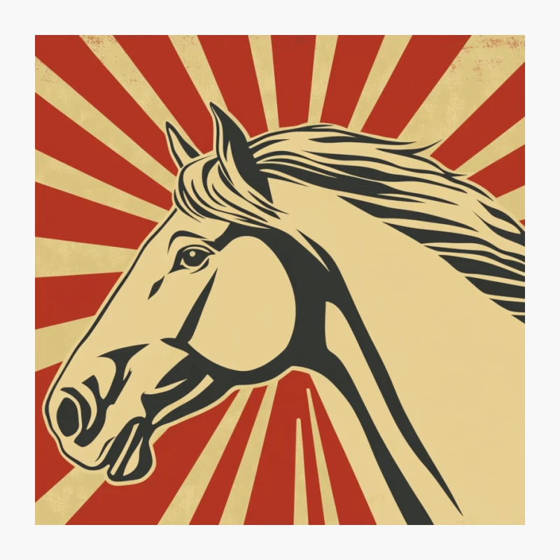 Vintage Propaganda Style Horse Illustration with Red Sunburst Pin