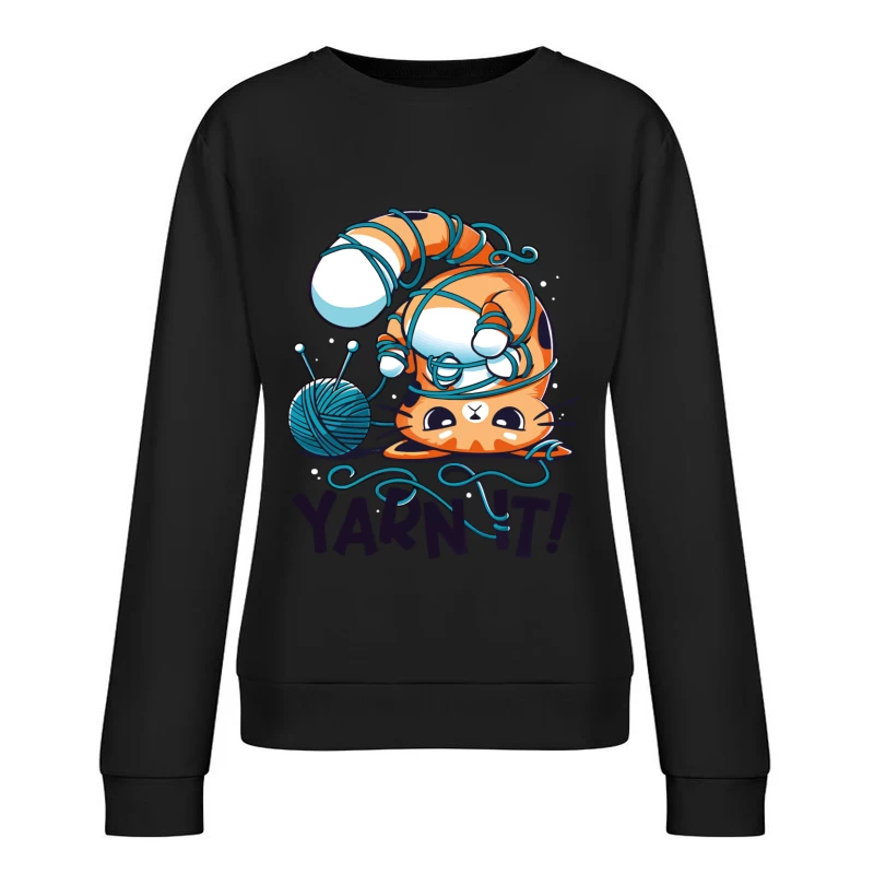 Yarn It! Whimsical Cat Illustration Female Pullover Sweatshirt