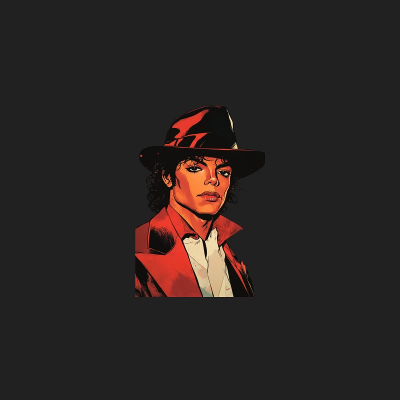 Iconic 1980s Pop Star Illustration with Fedora and Red Jacket Bucket Hat