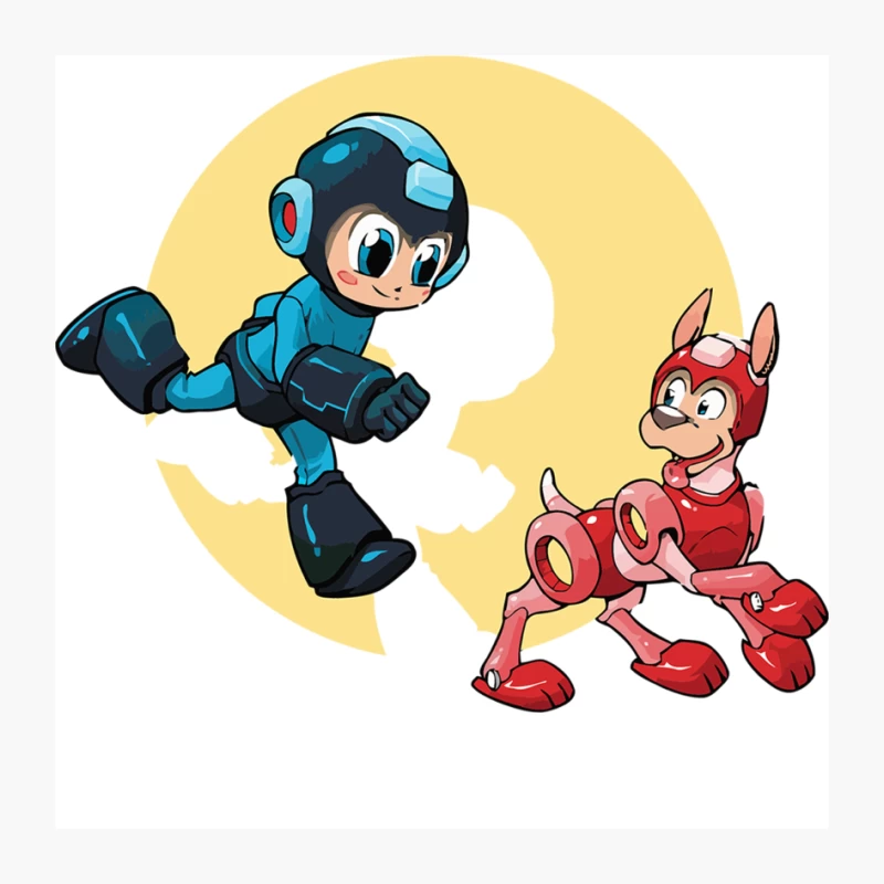 Mega Man and Rush: Classic Video Game Heroes in Cartoon Style Pin