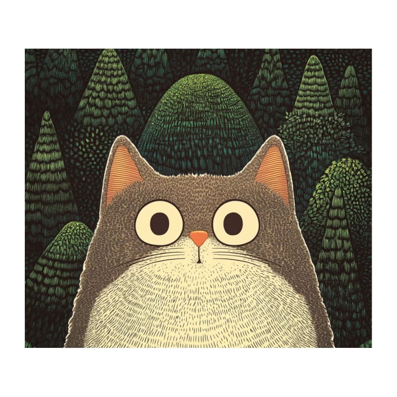 Wide-Eyed Cat in Stylized Forest Illustration Tapestry