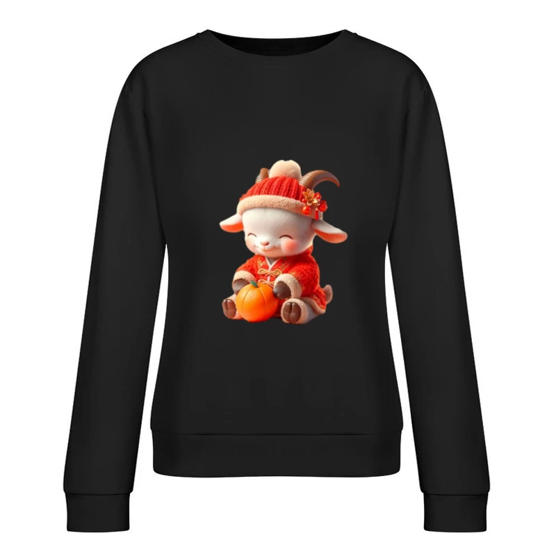 Niedliche Ziege im roten Outfit mit Mandarine Damen Pullover Sweatshirt