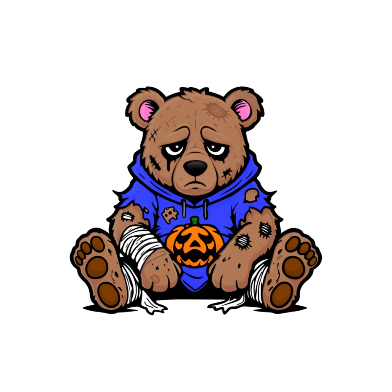 Sad Injured Teddy Bear in Blue Hoodie with Halloween Pumpkin Pin