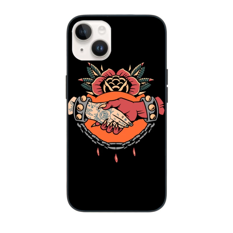 Symbolic Handshake Artwork with Floral and Chain Elements iPhone Case