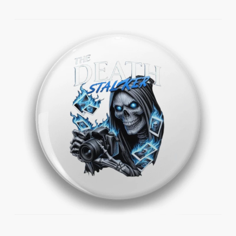 The Death Stalker: Skeletal Photographer with Blue Flames Pin