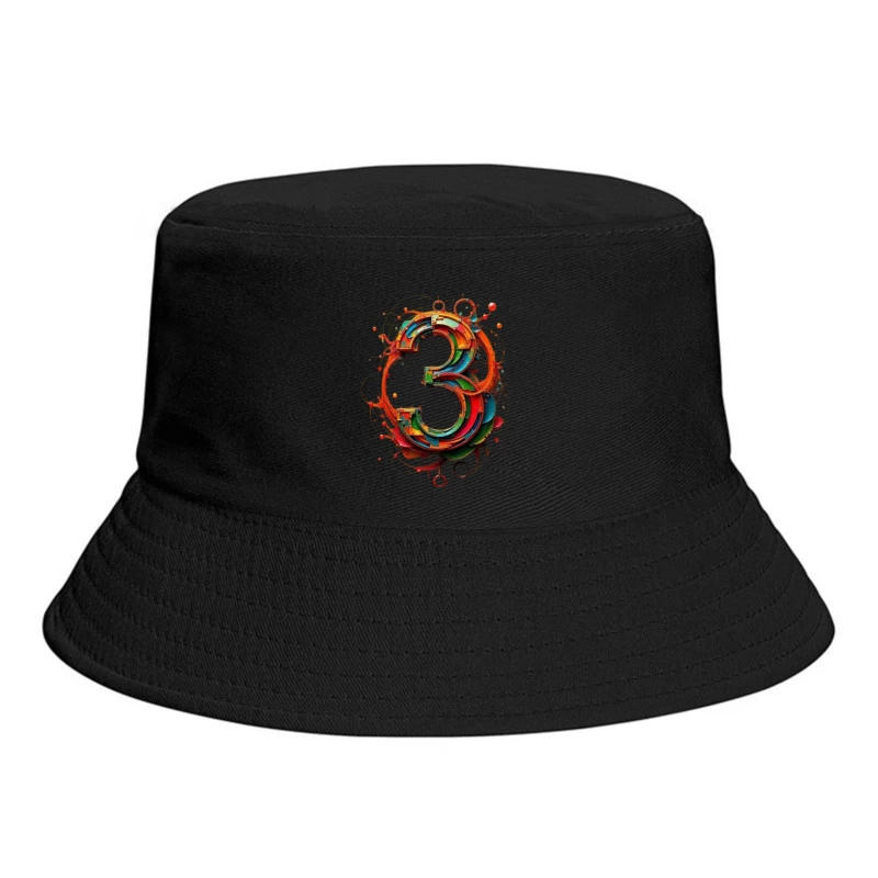 Vibrant 3D Number Three with Abstract Geometric Design Bucket Hat