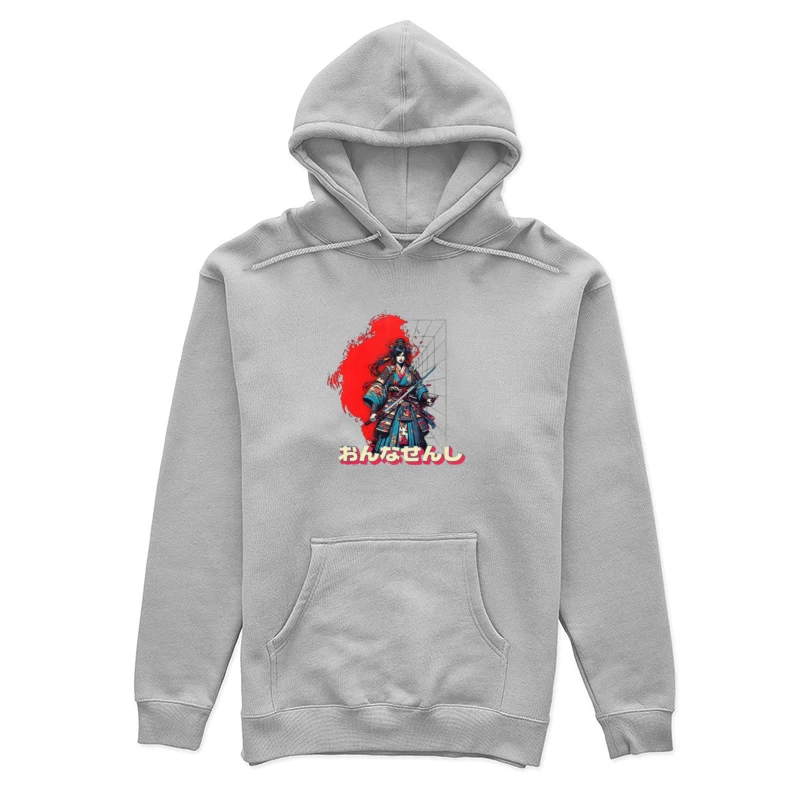 Warrior in Traditional Japanese Kimono with Katana Against Red Sun Female Pullover Hoodie