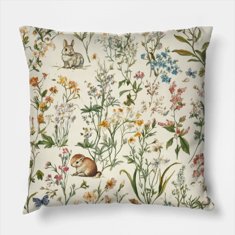 Vintage Botanical Wonderland with Whimsical Wildlife Throw Pillow