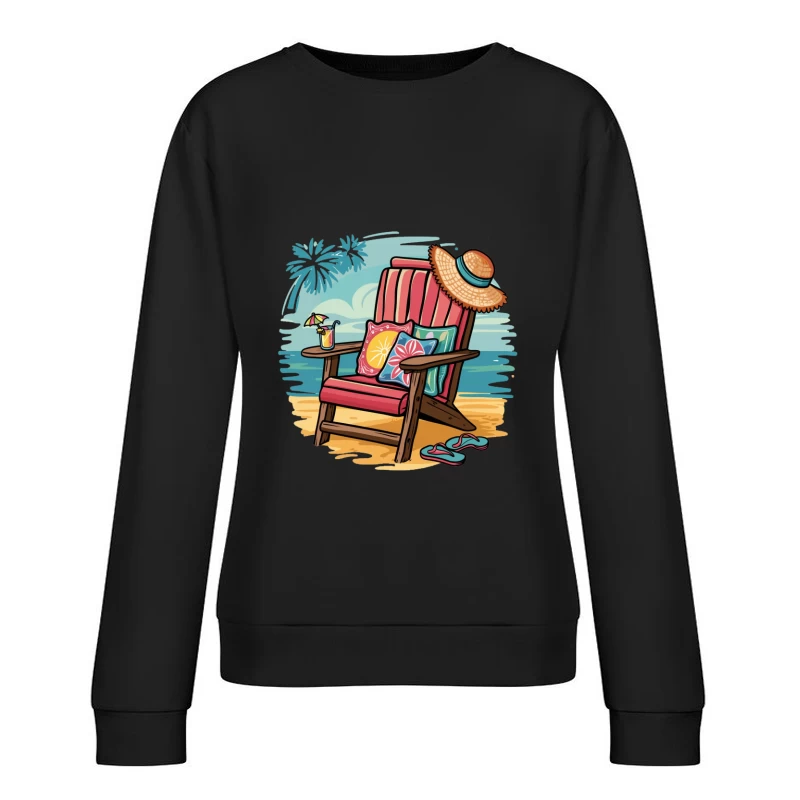 Relaxing Beach Scene with Chair and Accessories Female Pullover Sweatshirt