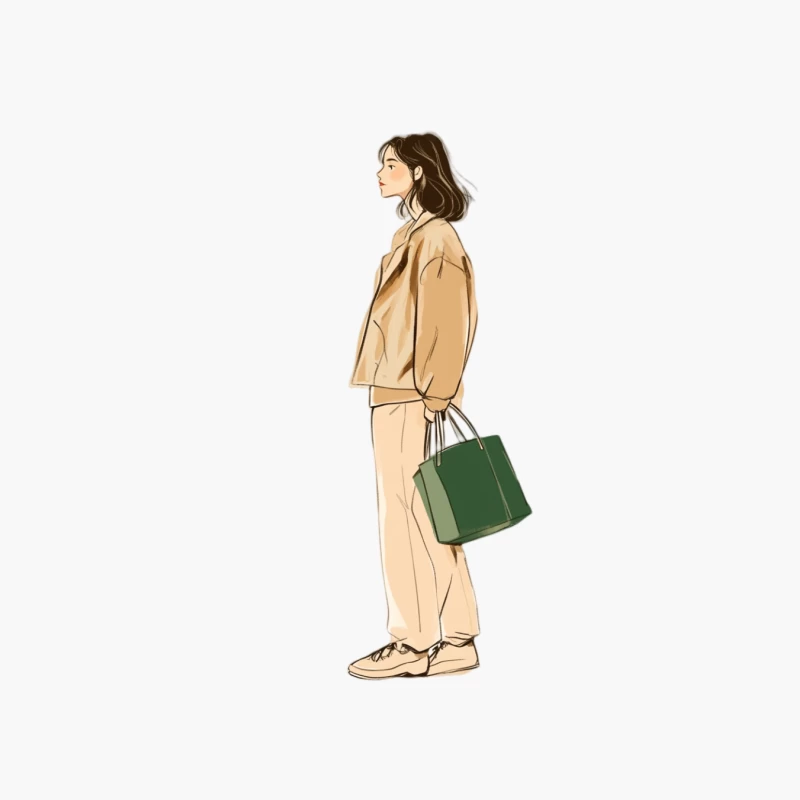 Stylish Woman in Beige with Green Handbag: Minimalist Fashion Illustration Cotton Tote Bag