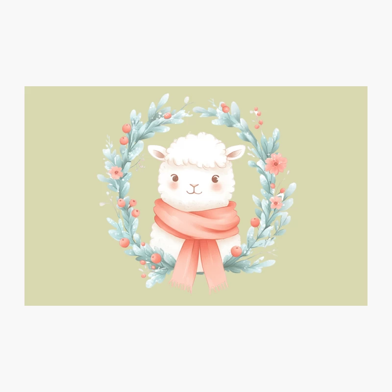 Cute Watercolor Llama with Coral Scarf in Floral Wreath Travel Mug