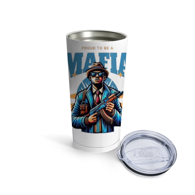 Vintage-Style Mafia Gangster Illustration with Weapon Travel Mug