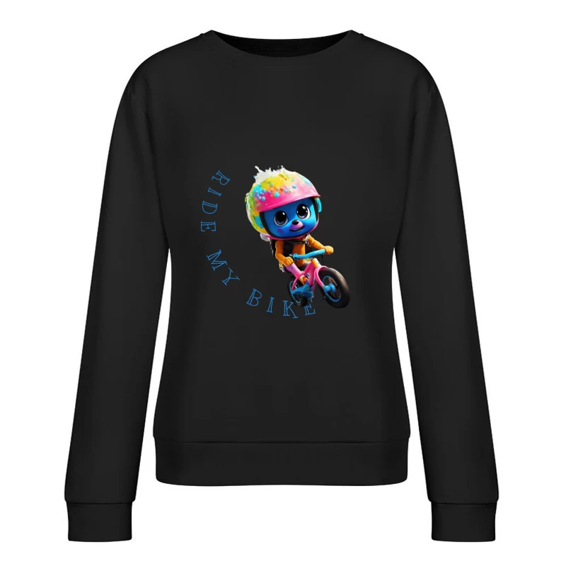 Cute Blue Animated Character Riding Colorful Bike with Safety Helmet Female Pullover Sweatshirt