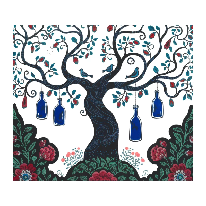 Whimsical Tree of Life Folk Art with Blue Bottles and Red Flowers Tapestry