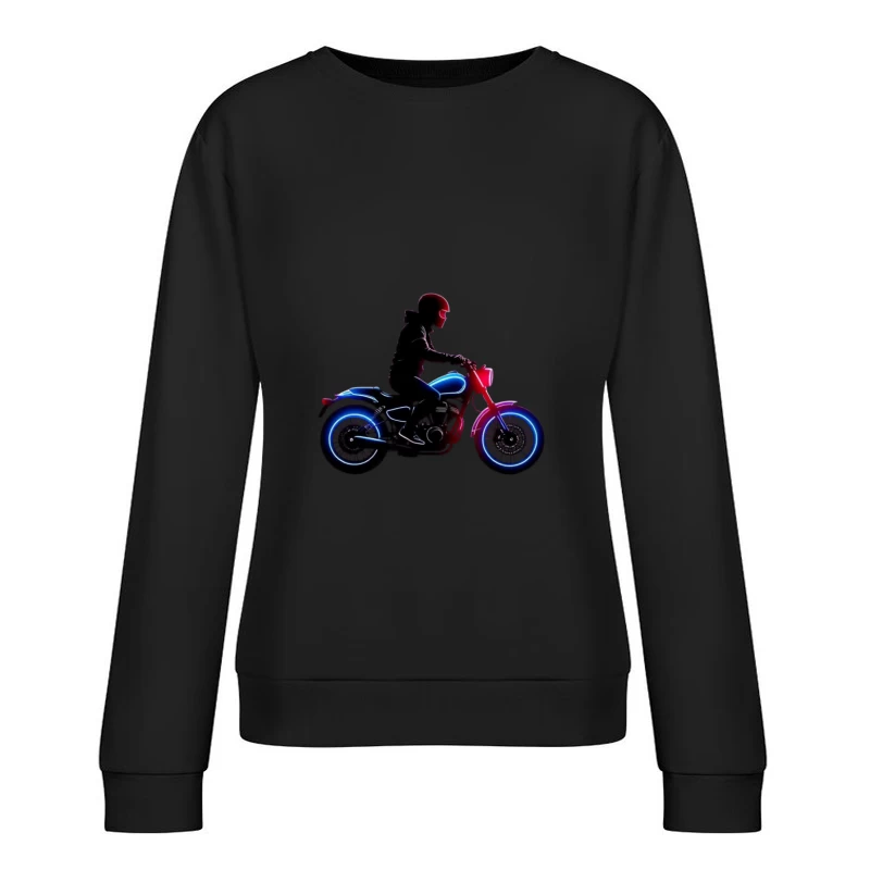 Neon-Lit Motorcycle Rider Silhouette Female Pullover Sweatshirt