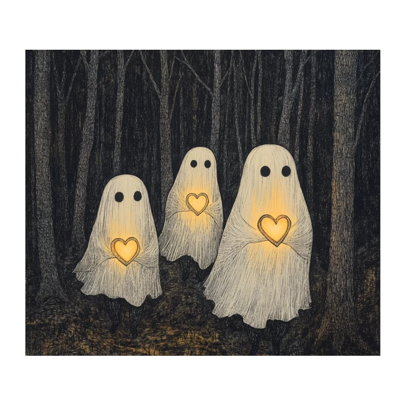 Cute Glowing Heart Ghosts in Dark Spooky Forest Tapestry