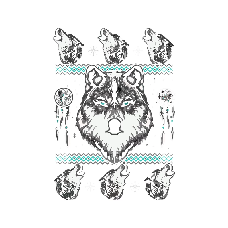 Tribal Wolf Illustration with Native American Symbols Tapestry