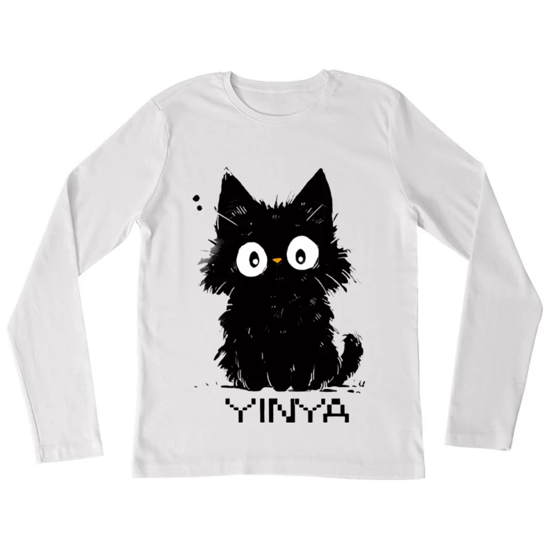 Schwarze flauschige Katze Illustration Damen Langarm T-Shirt