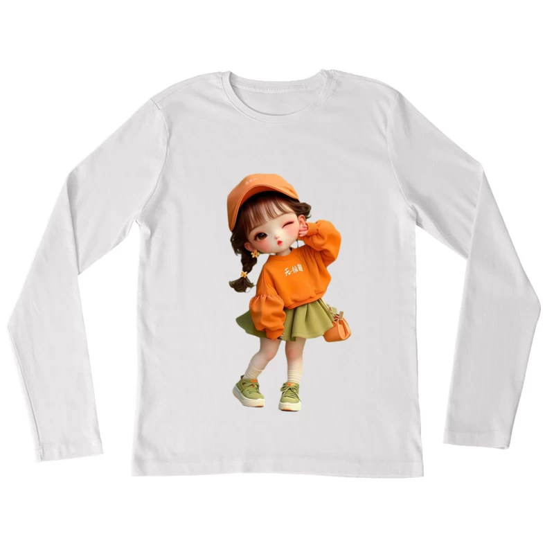 Niedliches Mädchen in Orange mit Accessoires Damen Langarm T-Shirt